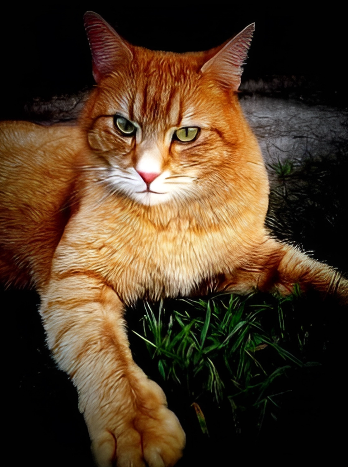 Achim Sterna - Fotografie - Orangefarbene getigerte Katze liegt auf Gras vor schwarzem Hintergrund und schaut nach vorne.