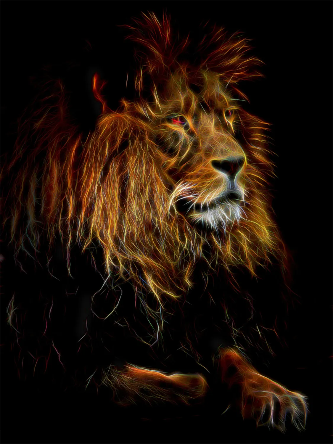 Achim Sterna – Fotografie – Künstlerische digitale Illustration eines Löwen mit leuchtendem, feurigem Fell vor schwarzem Hintergrund